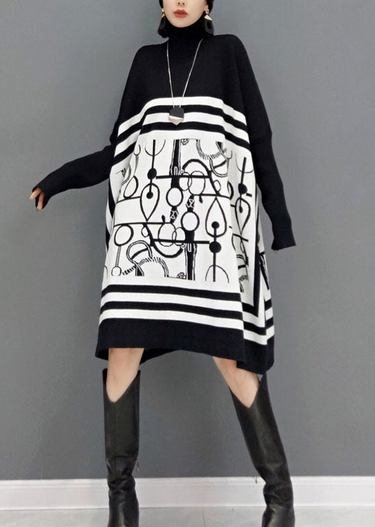 DIY風 ホワイト タートルネック プリント柄 ニットロングワンピース 春