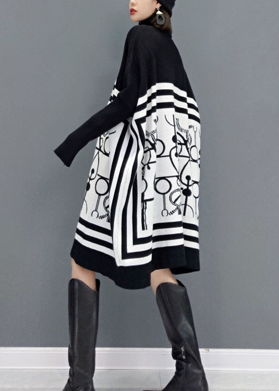 DIY風 ホワイト タートルネック プリント柄 ニットロングワンピース 春