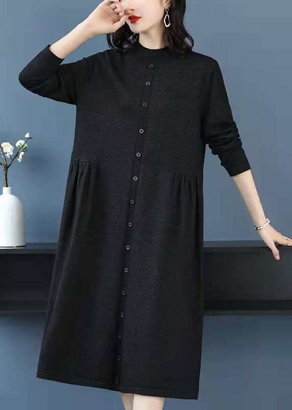 チョコレートカラー ニット セーターウェザー ラルゴ丈 ハイネック ボタン付き DIY風 ニットワンピース