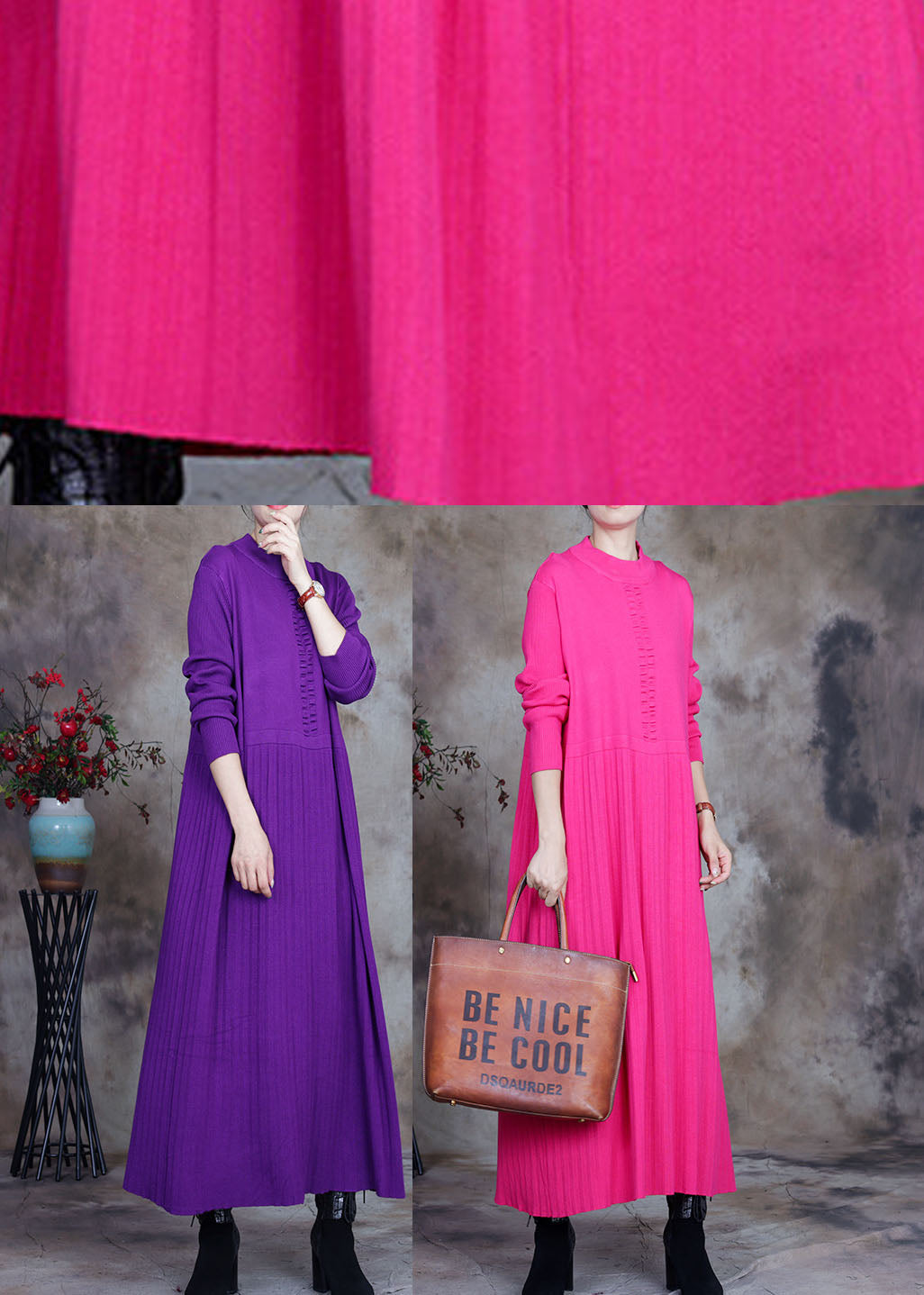 プラスサイズ ローズカラー スリムフィット ニットロングセーター 冬用